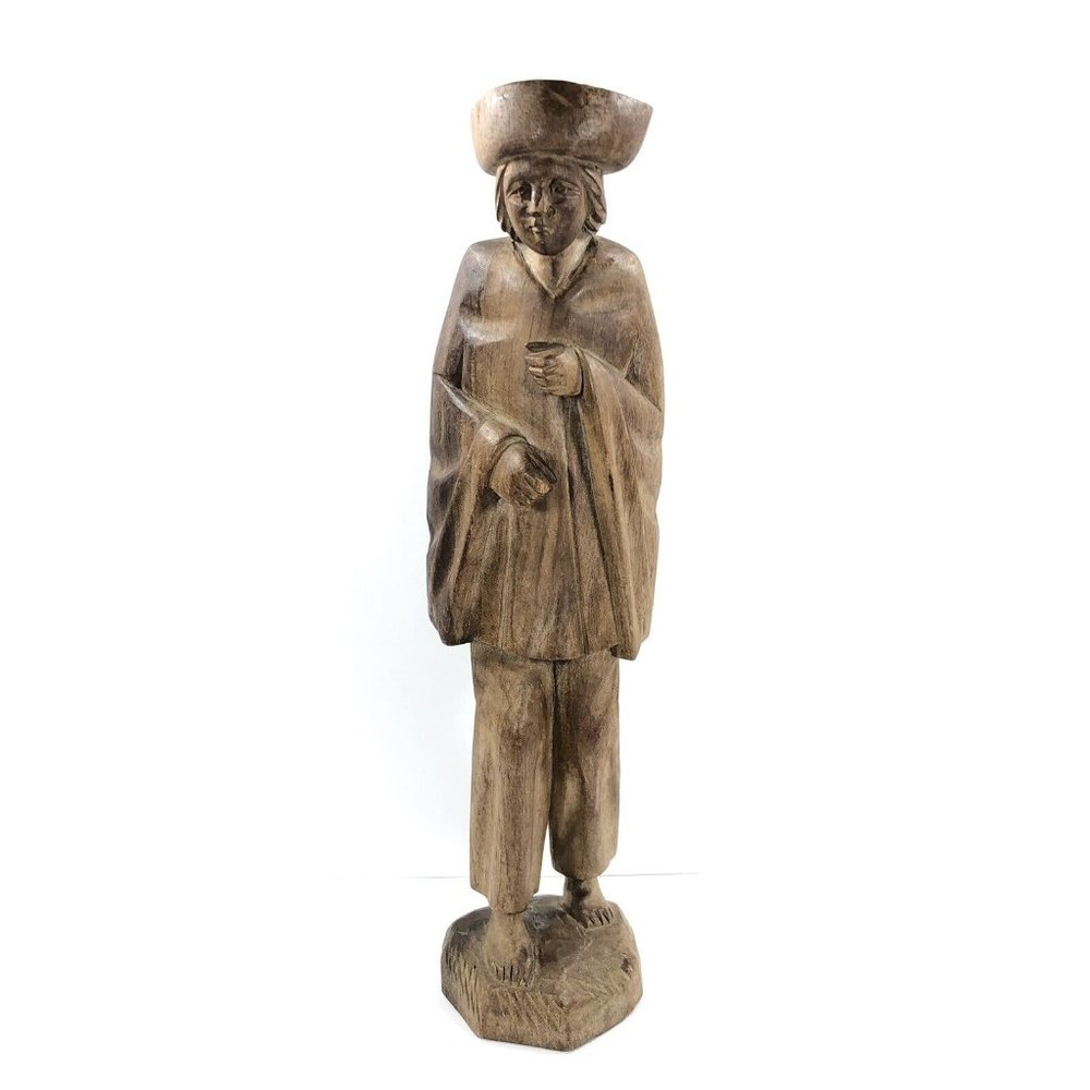Vintage Hand Carved Wood Folk Art Man Colonial Figure Statue Sculpture 15 3/4-in
